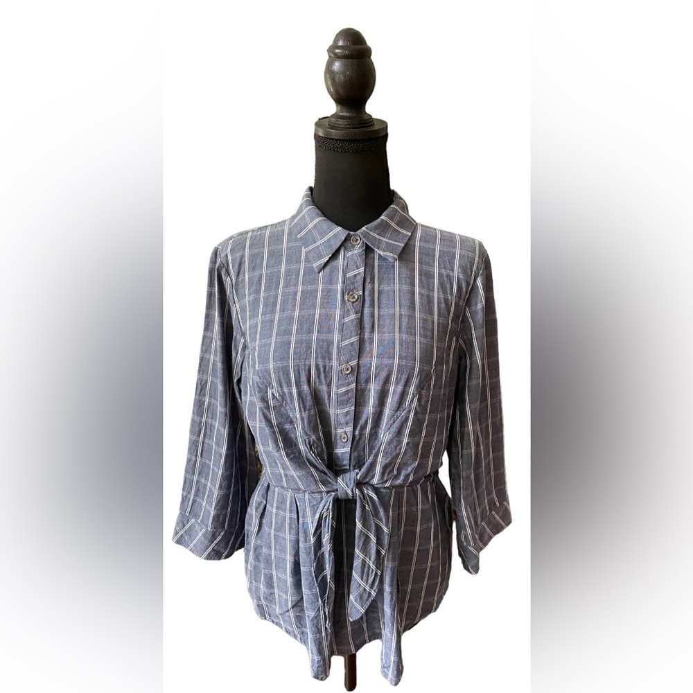 Simply Noelle: Blue and White Fitted Button Down Blouse with Front Tie